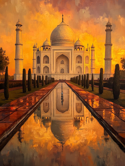 Painterly Agra canvas print with cypress lining the long reflecting pool