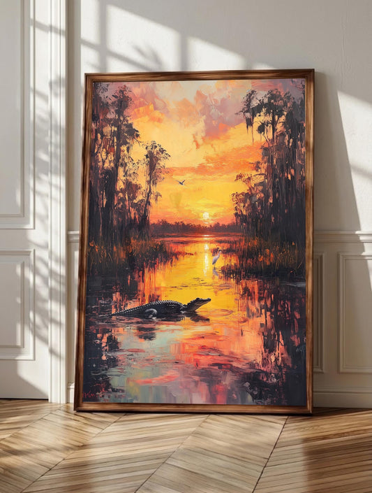 Everglades wall art: an alligator in dark water with an egret wading the reeds