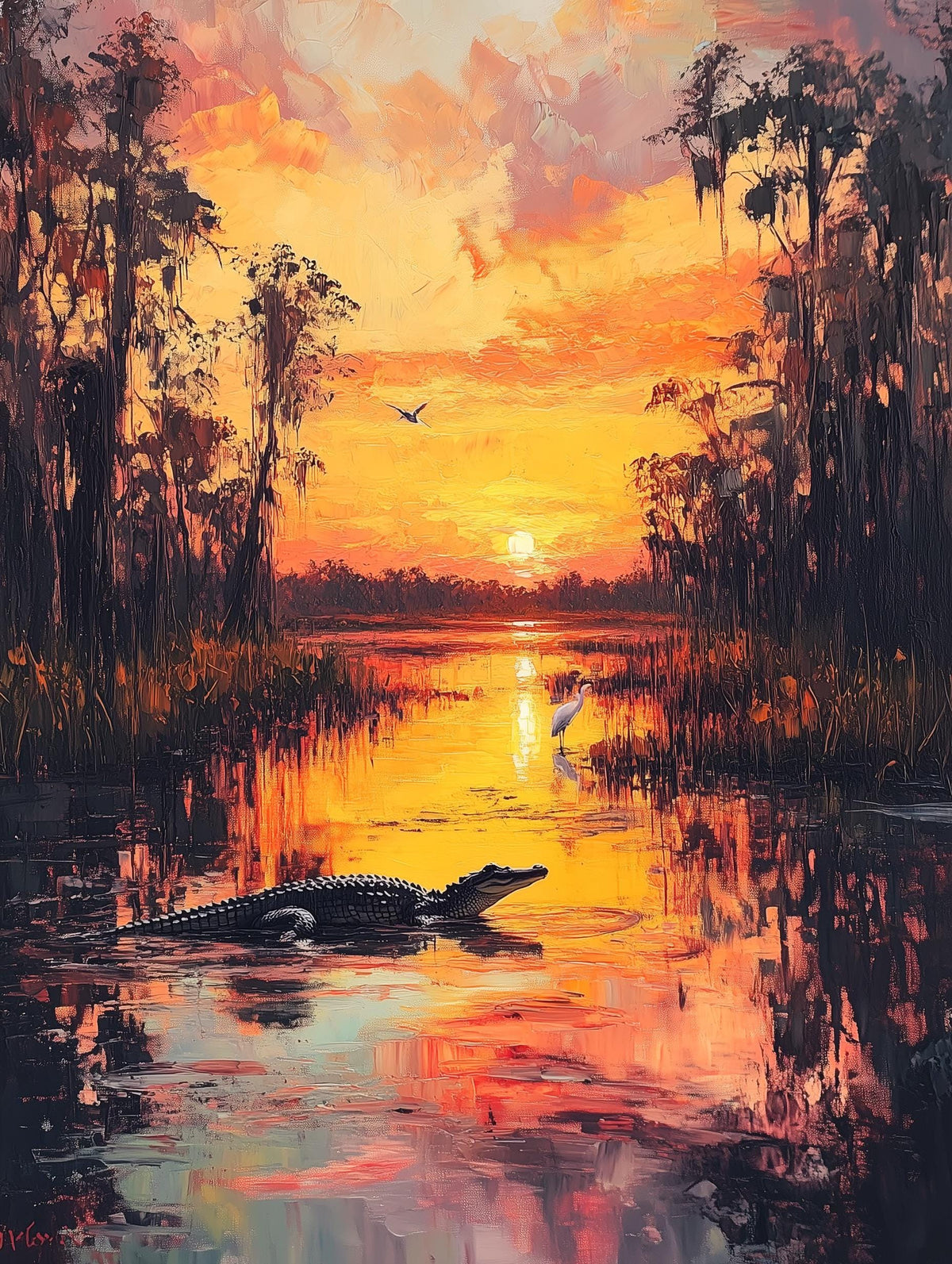 Painterly Florida swamp canvas print of cypress trees at sunset