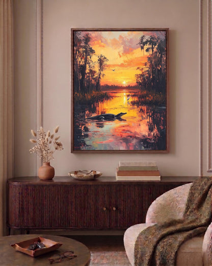 Oil-painting style wetland scene in deep green and sunset amber, ready to hang