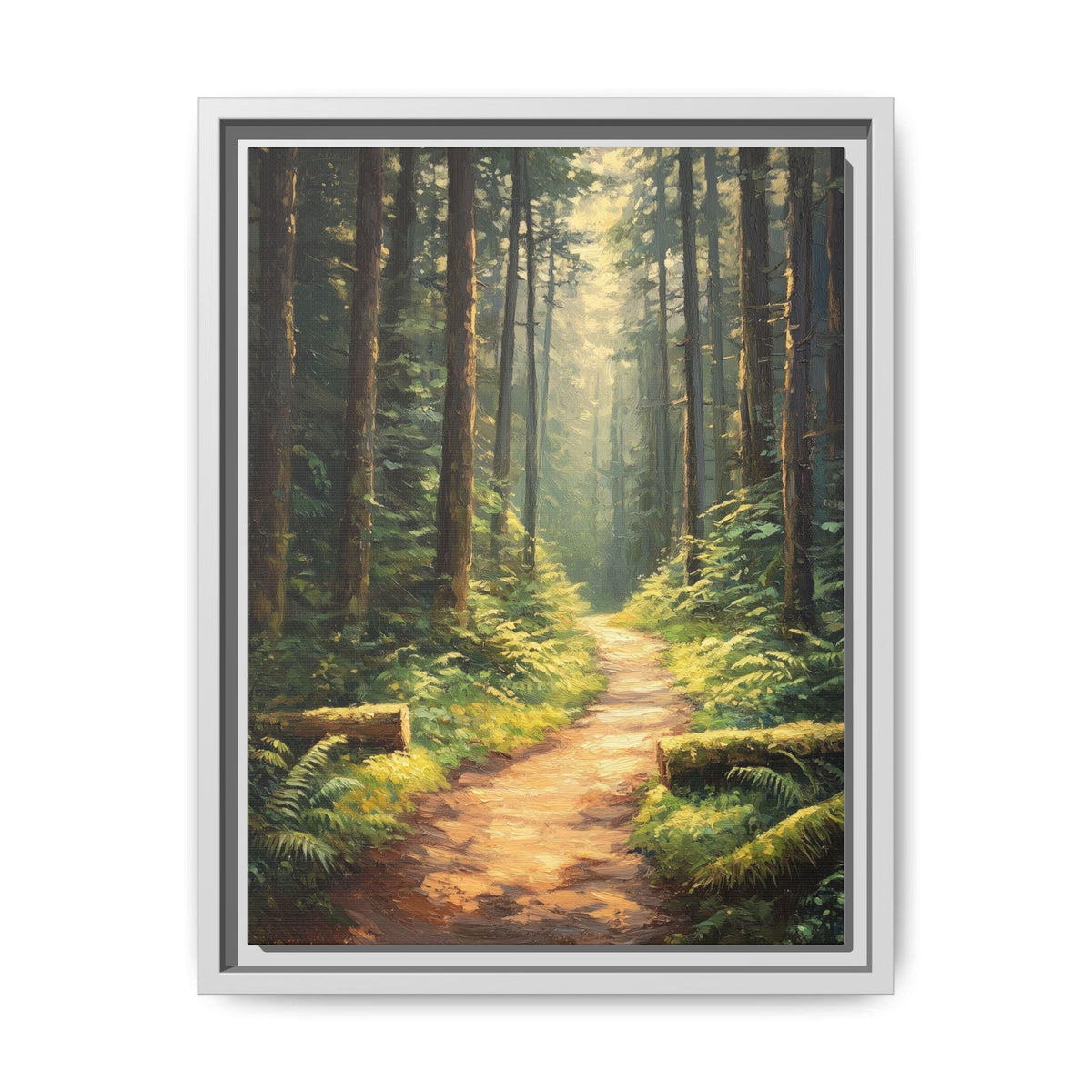 Oregon Forest wall art framed canvas print in a white wood frame