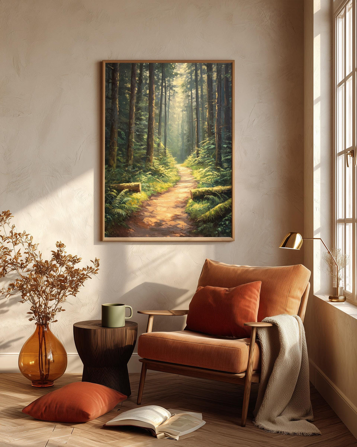 Forest trail framed canvas art in a solid wood frame, ready to hang