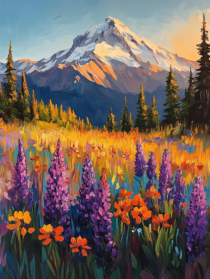 Oil-style wildflower meadow painting in full summer bloom below the mountain