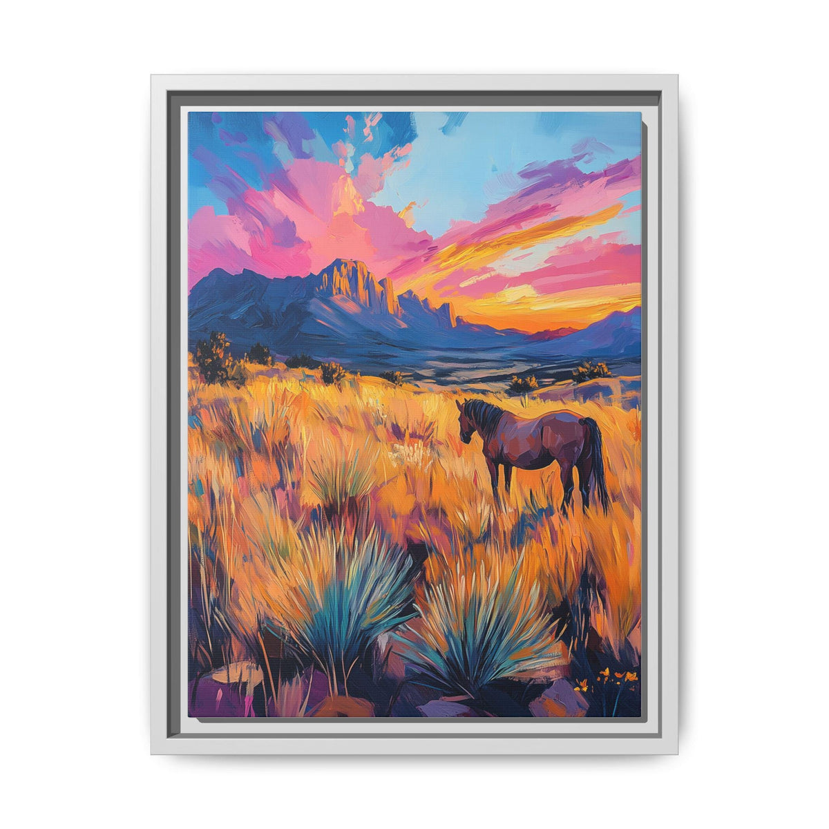 Sandia Mountains wall art framed canvas print in a white wood frame