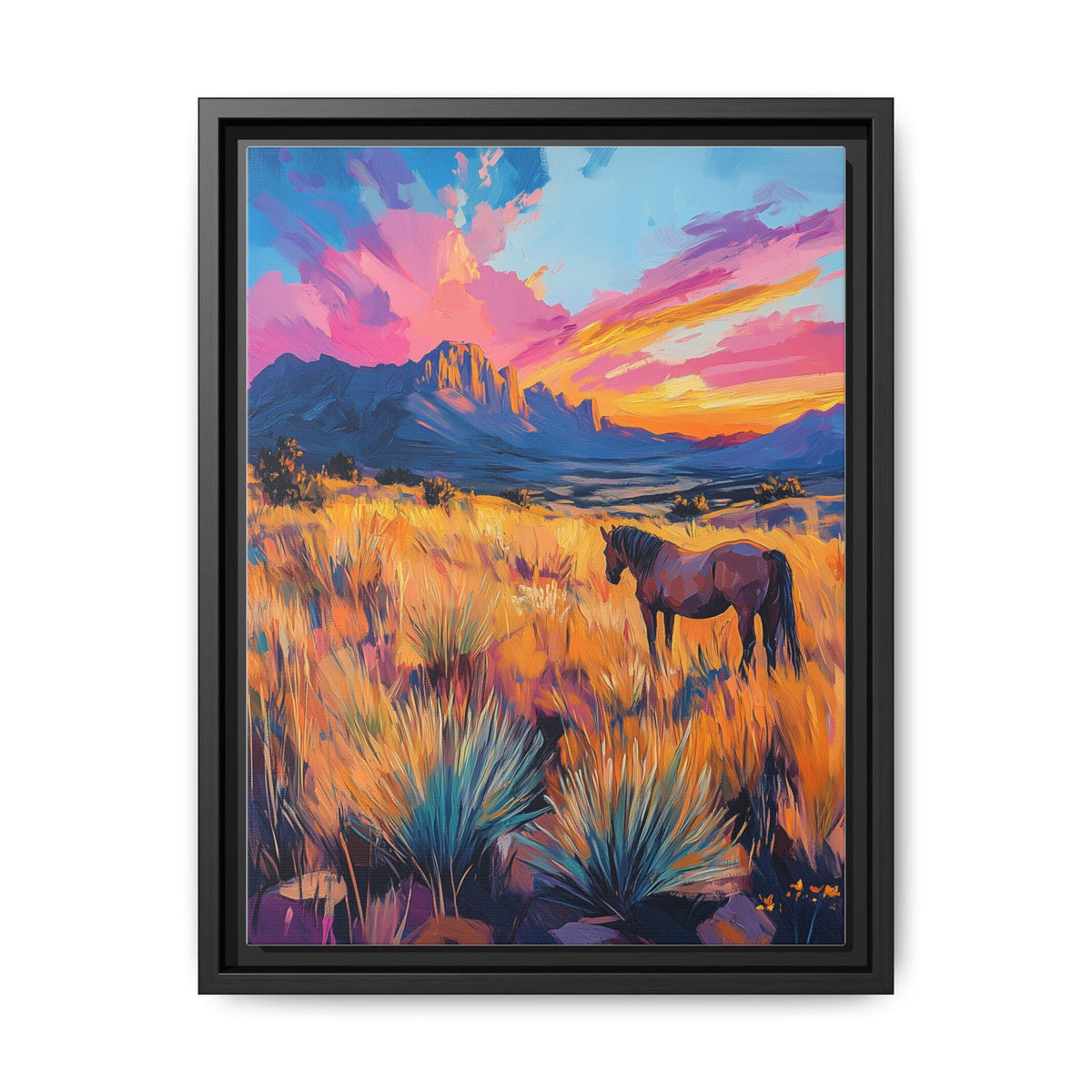 Sandia Mountains wall art framed canvas print in a black wood frame