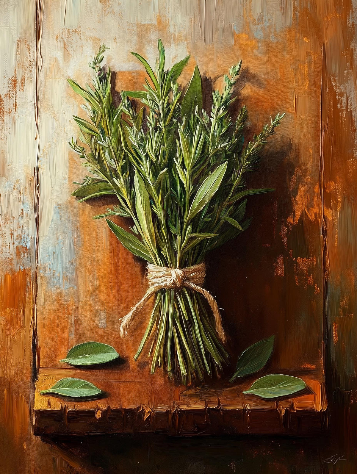 Oil-style herb still life resting on warm amber wood, loose green brushwork