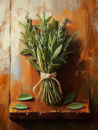 Oil-style herb still life resting on warm amber wood, loose green brushwork