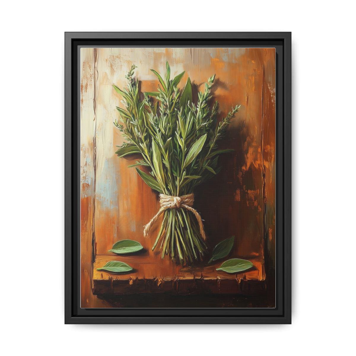 Kitchen Herbs wall art framed canvas print in a black wood frame