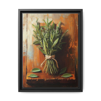 Kitchen Herbs wall art framed canvas print in a black wood frame