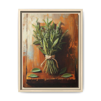 Kitchen Herbs wall art framed canvas print in a natural wood frame