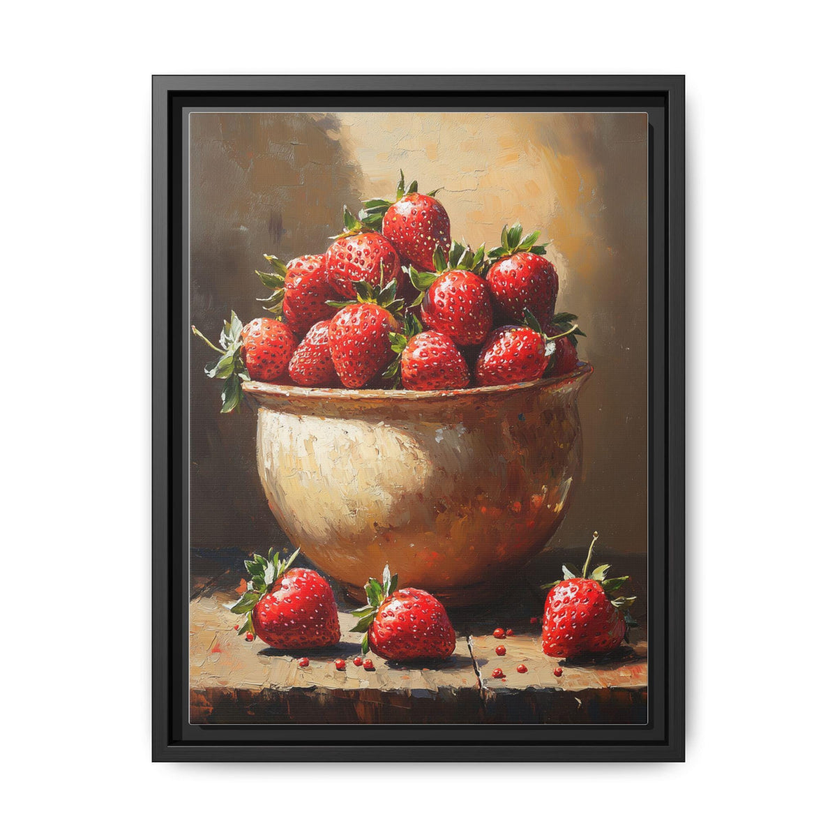 Strawberry wall art framed canvas print in a black wood frame