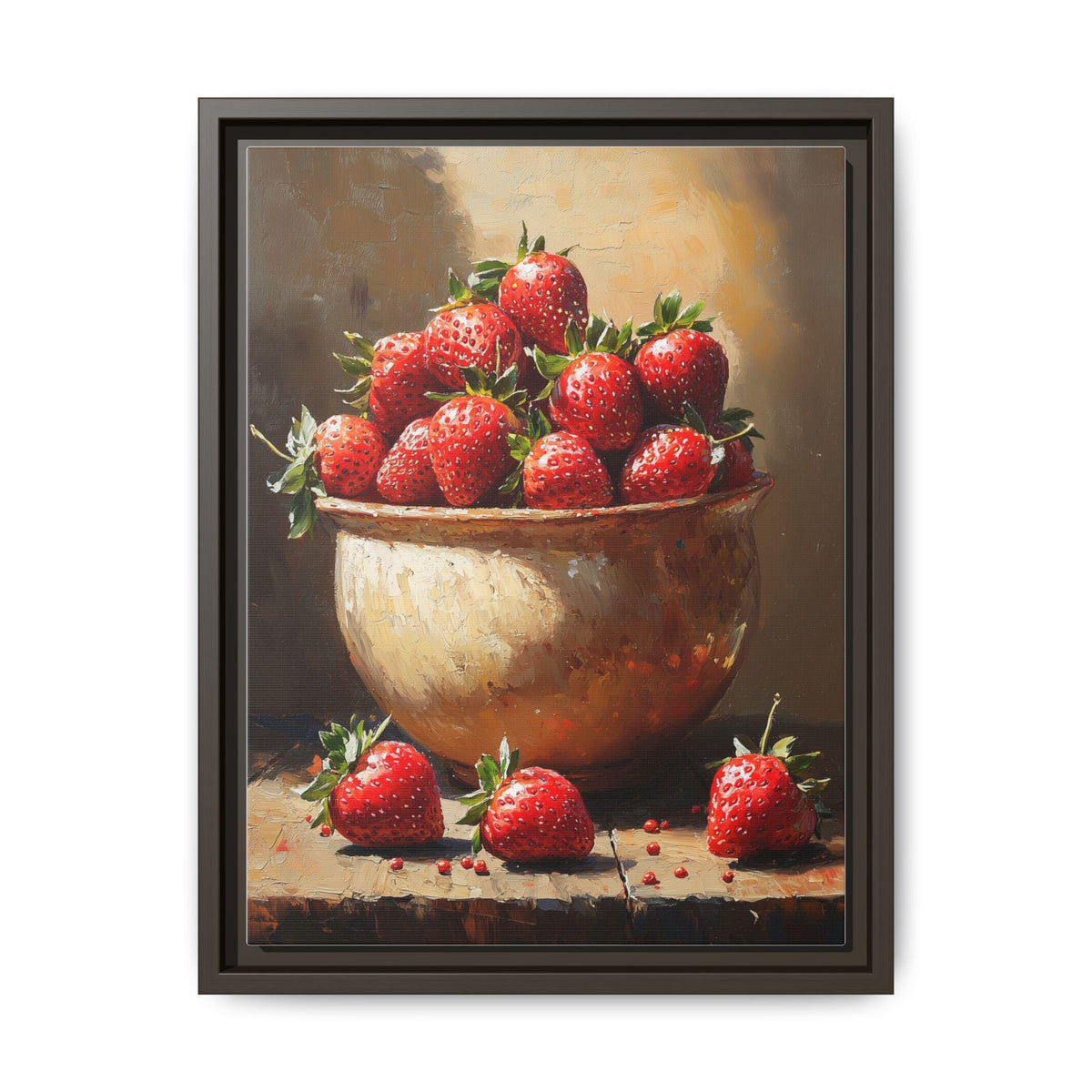 Strawberry wall art framed canvas print in an espresso wood frame
