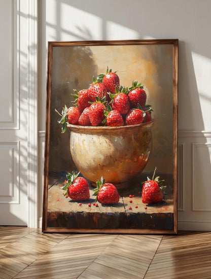 Strawberry wall art: ripe red berries heaped in a rustic ceramic bowl, framed canvas