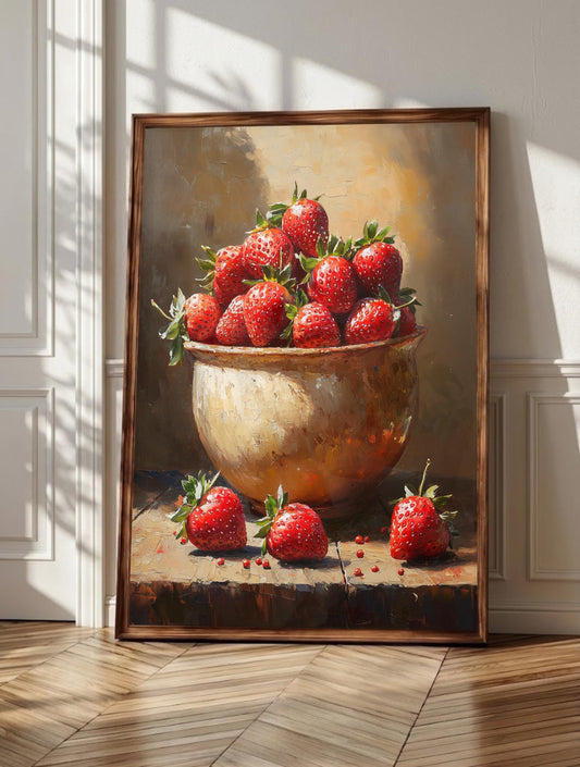 Strawberry wall art: ripe red berries heaped in a rustic ceramic bowl, framed canvas