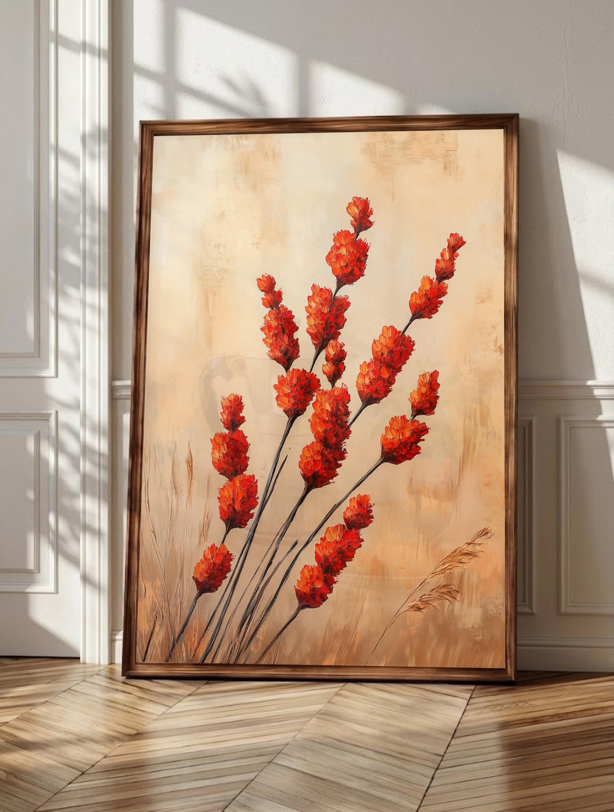 Ocotillo wall art: a single desert branch in spring bloom with red-orange flowers