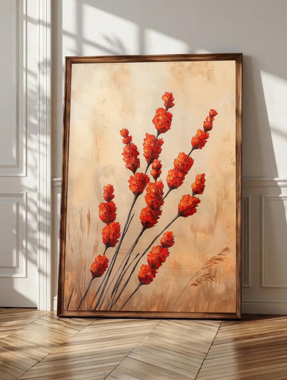 Ocotillo wall art: a single desert branch in spring bloom with red-orange flowers