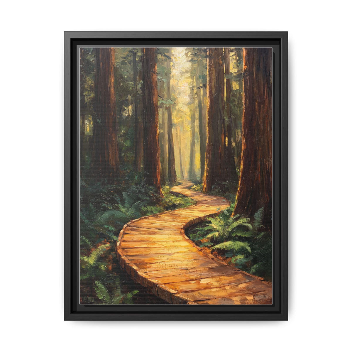 Muir Woods wall art framed canvas print in a black wood frame