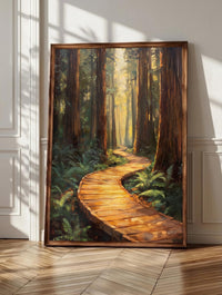 Muir Woods wall art: a boardwalk trail curving through California redwoods, framed canvas
