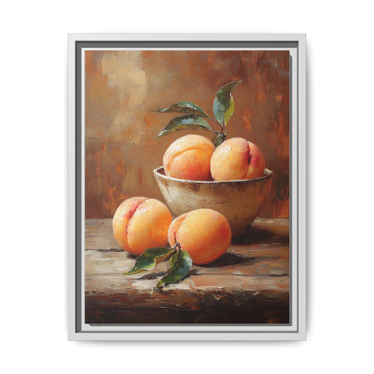 Peach wall art framed canvas print in a white wood frame