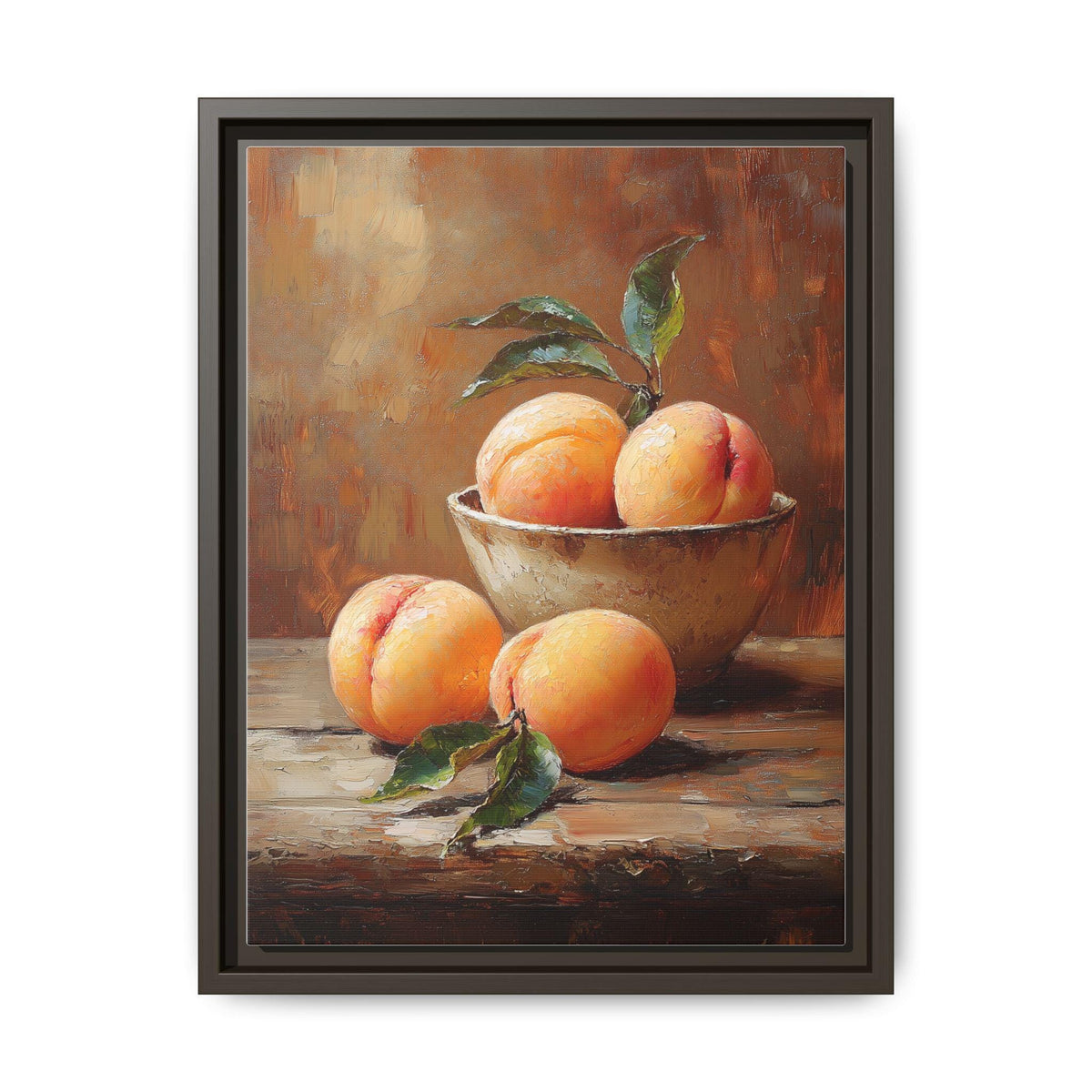 Peach wall art framed canvas print in an espresso wood frame