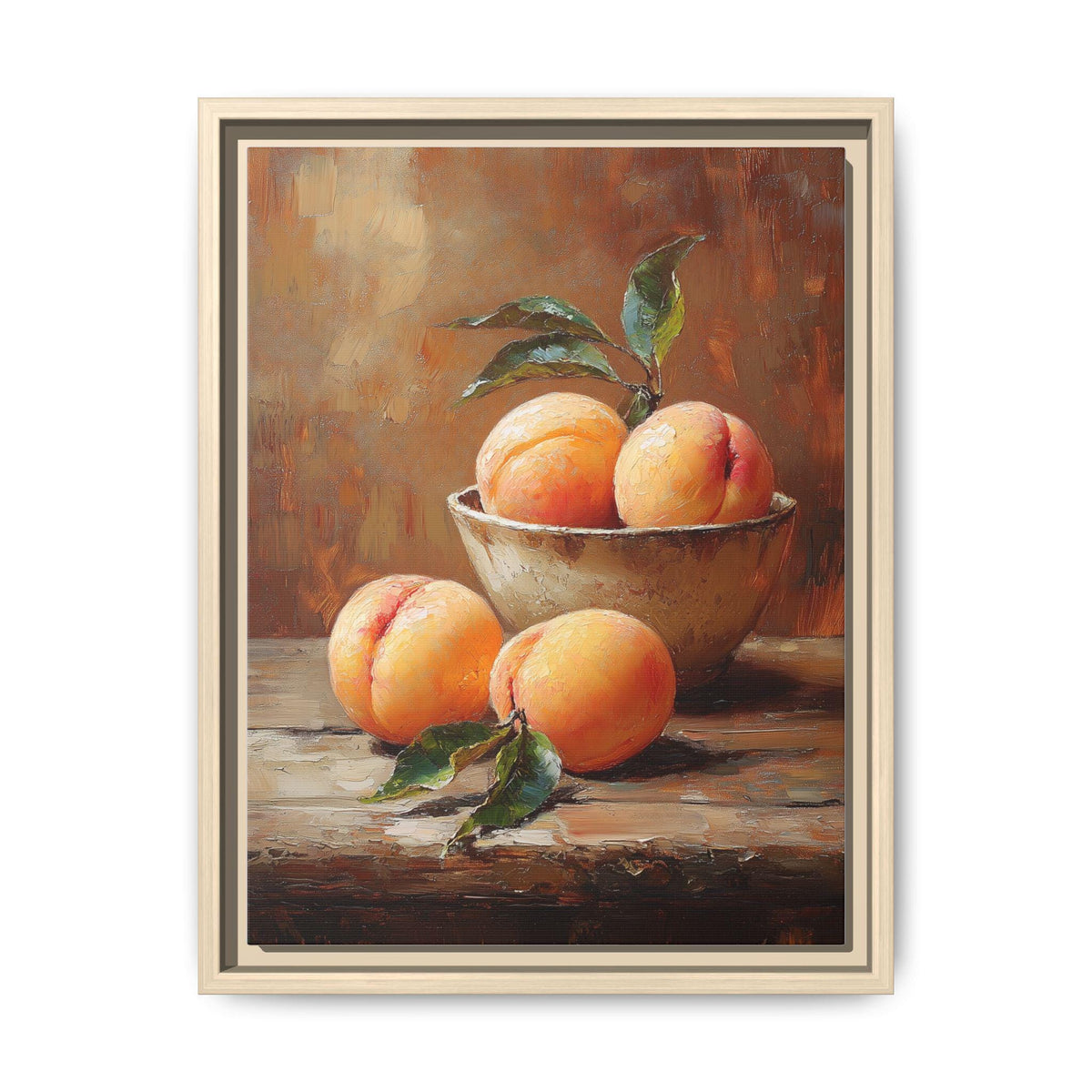 Peach wall art framed canvas print in a natural wood frame