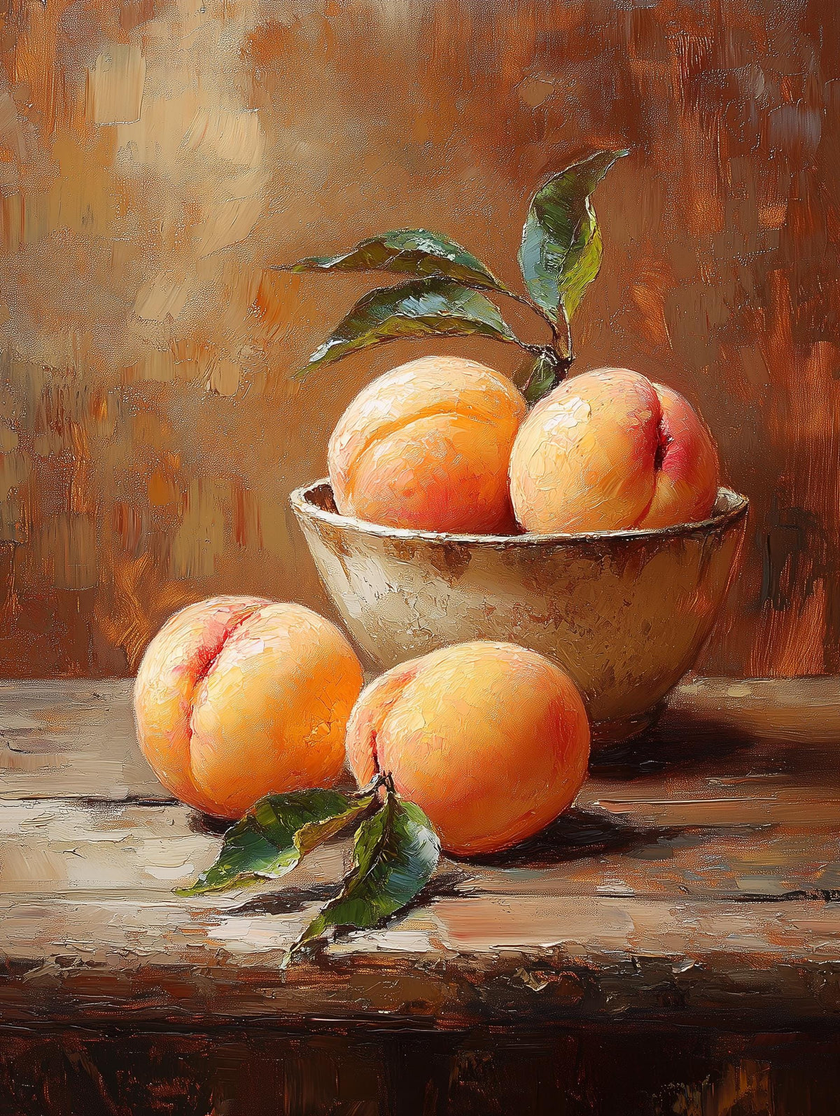 Painterly peach canvas print with fruit resting on a weathered wooden table