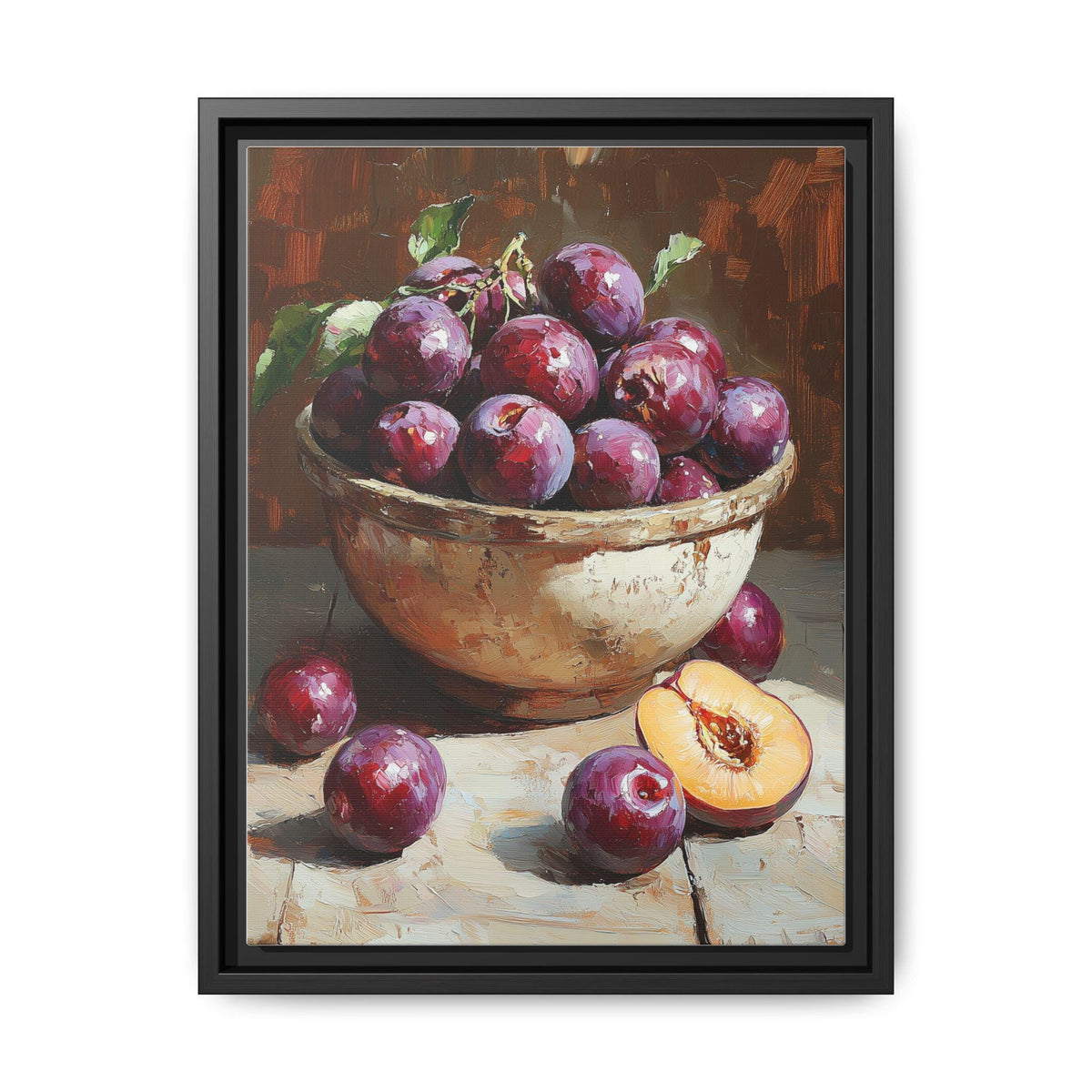 Plum wall art framed canvas print in a black wood frame