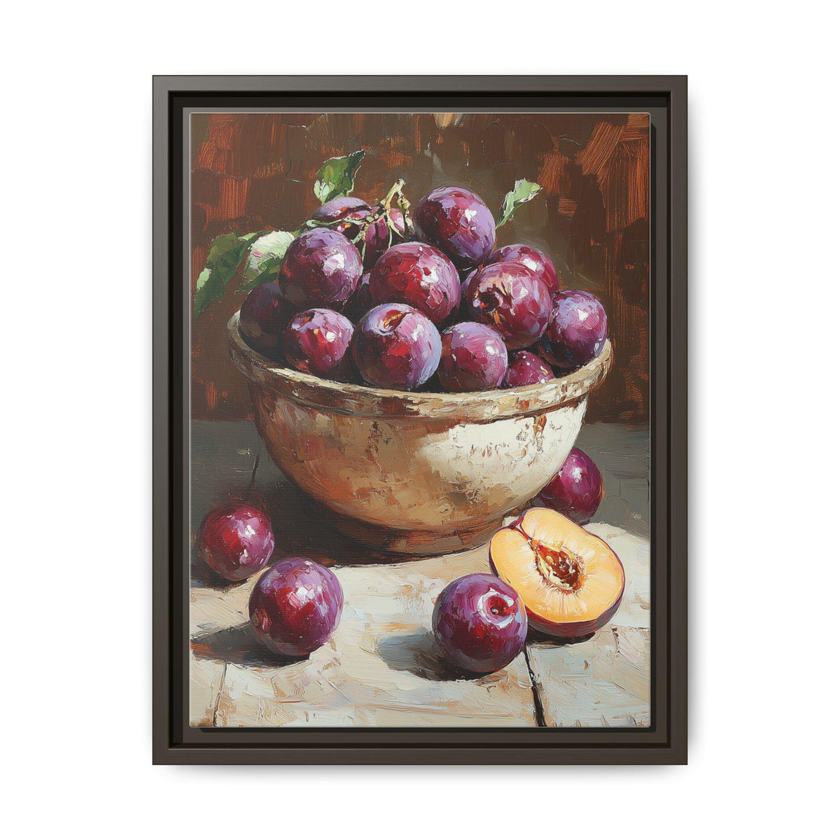 Plum wall art framed canvas print in an espresso wood frame