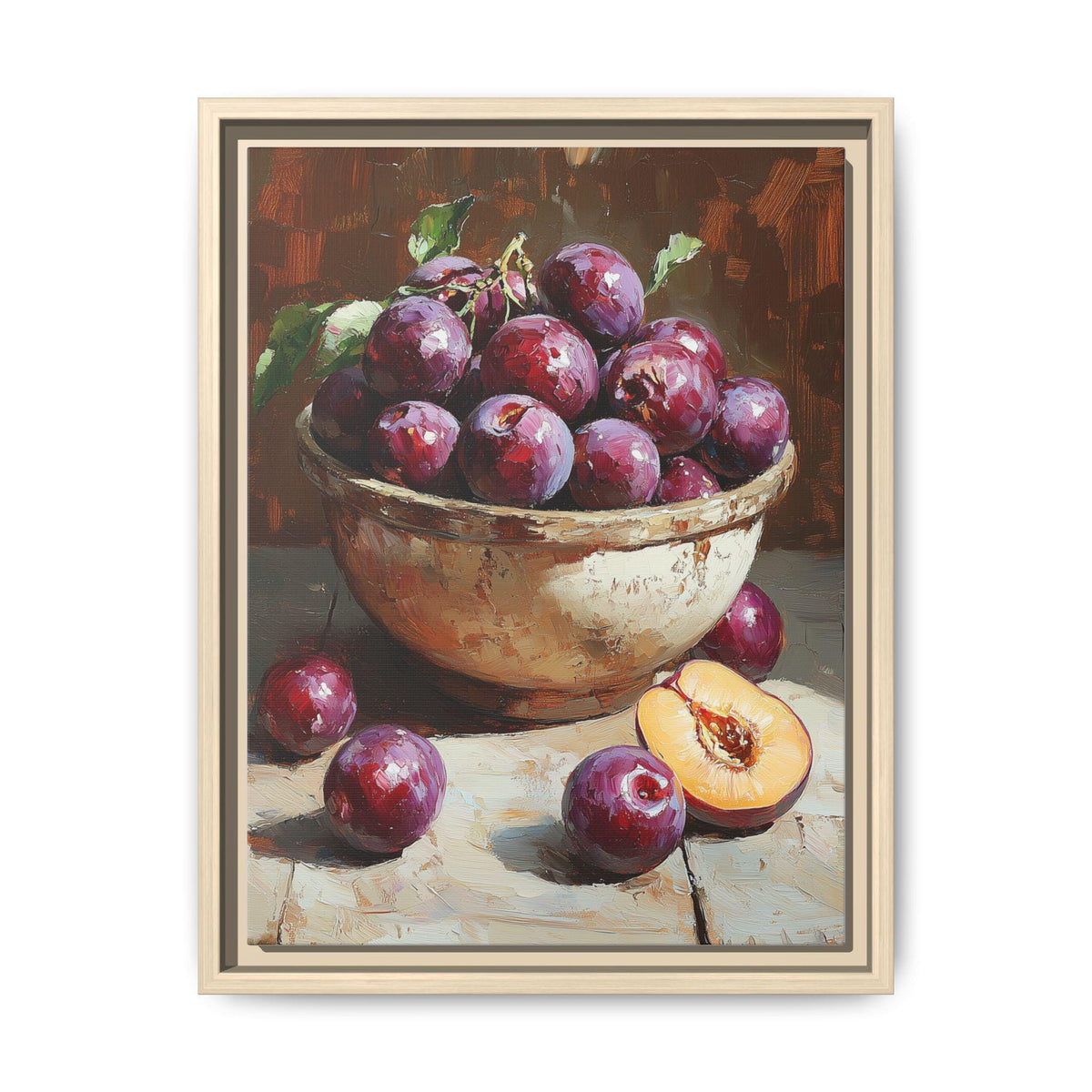 Plum wall art framed canvas print in a natural wood frame
