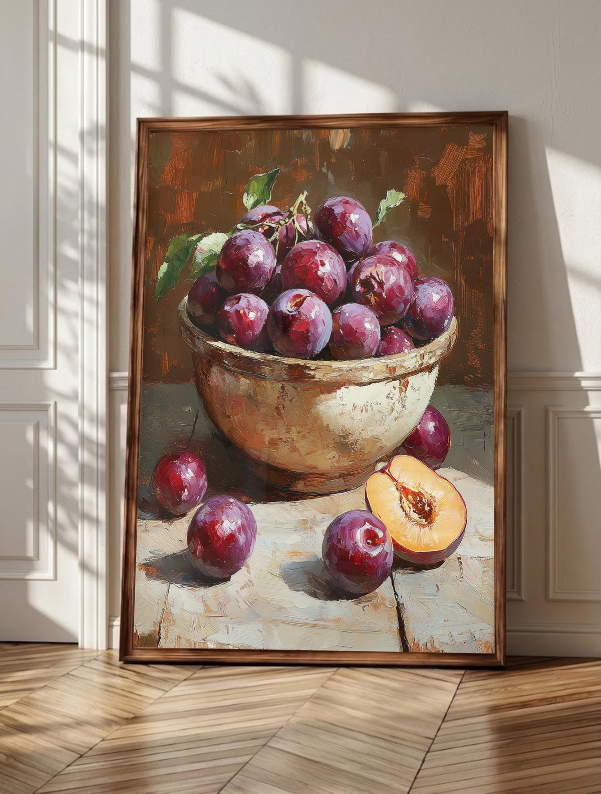 Plum wall art: violet plums with a dusty bloom filling a small ceramic bowl