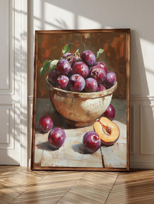 Plum wall art: violet plums with a dusty bloom filling a small ceramic bowl