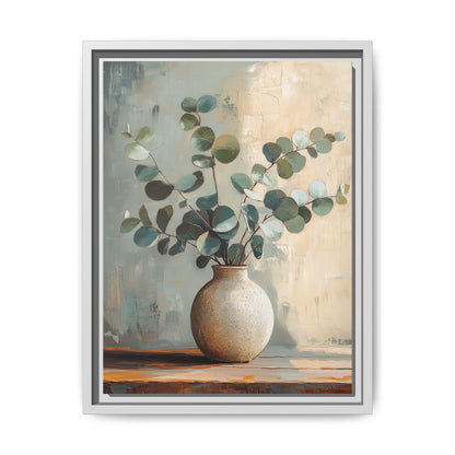 Eucalyptus wall art framed canvas print in a white wood frame