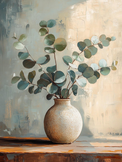 Painterly sage botanical canvas print in soft blue-green and dusty grey oils