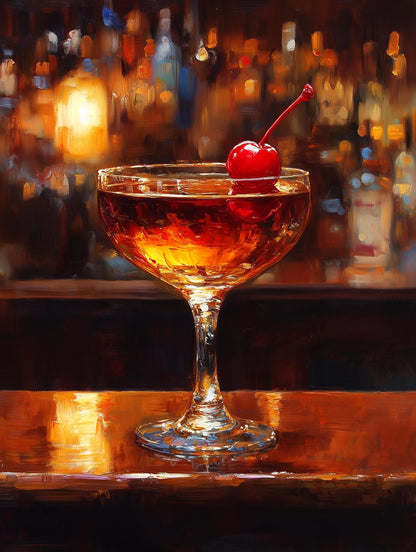Oil-style whiskey drink still life painted in deep red and burnished gold