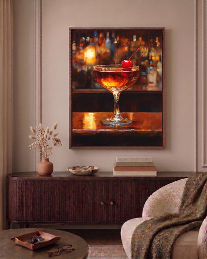 Painterly still life of a classic Manhattan cocktail, made to order framed canvas