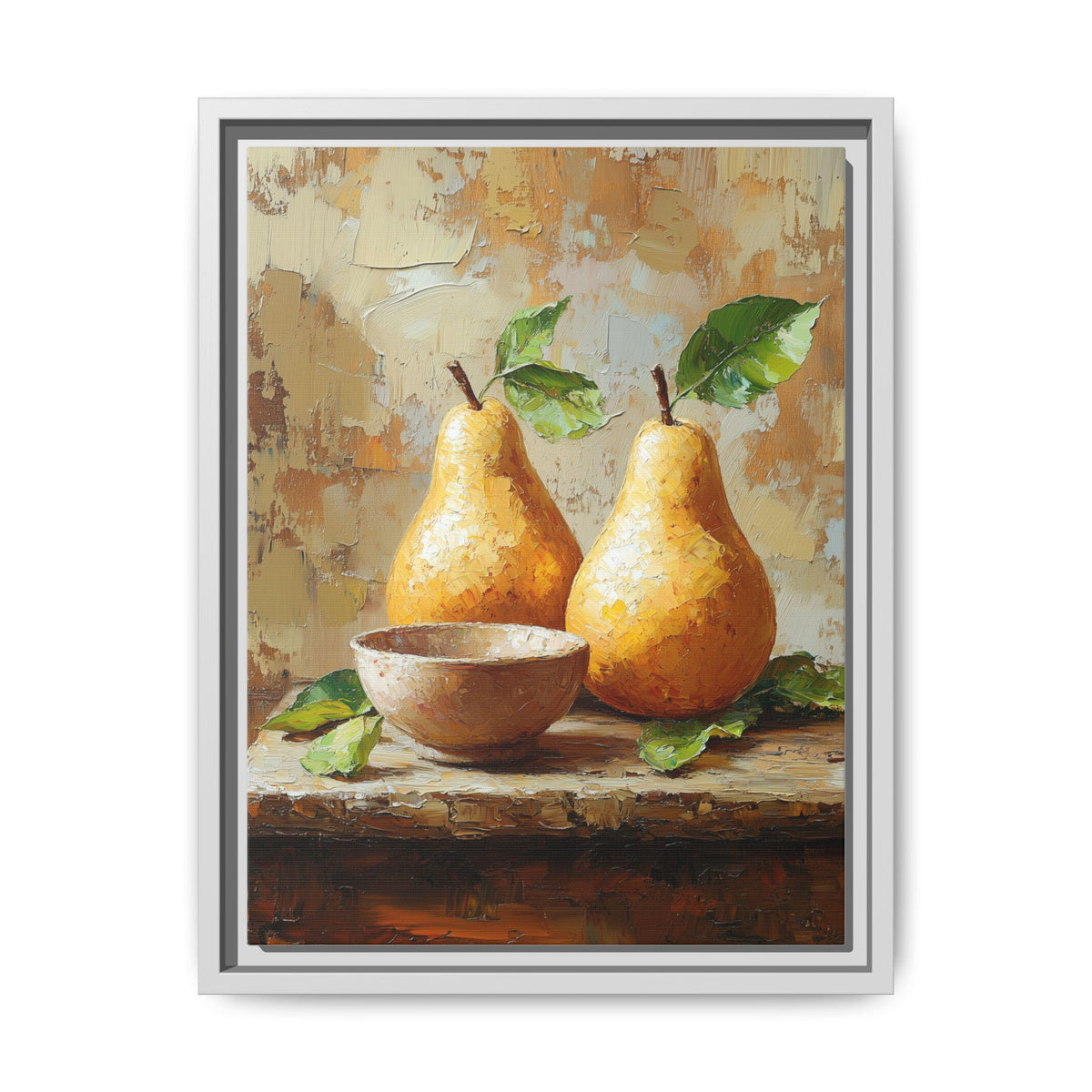 Pear wall art framed canvas print in a white wood frame