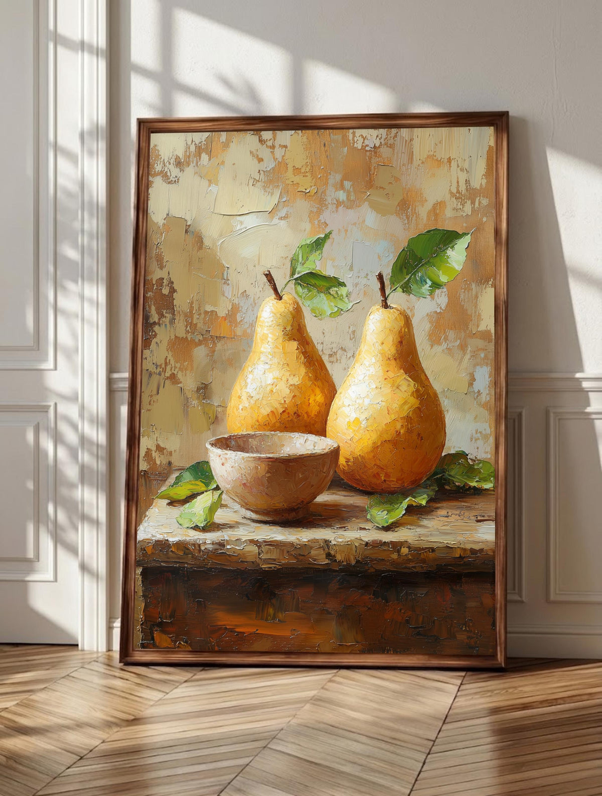 Pear wall art: two golden pears with a blush flush beside a small ceramic bowl