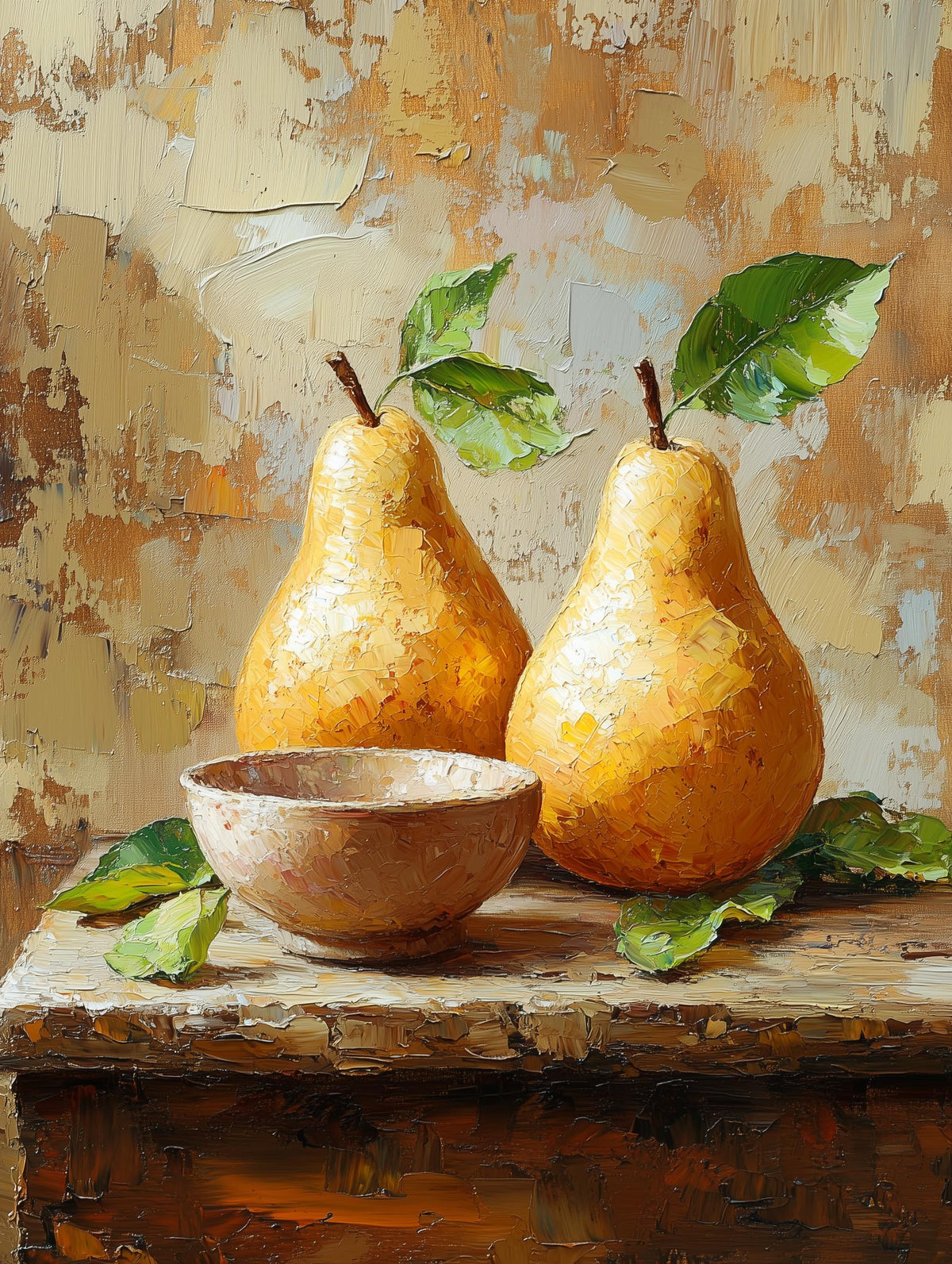 Painterly pear canvas print with fruit resting on weathered farmhouse wood