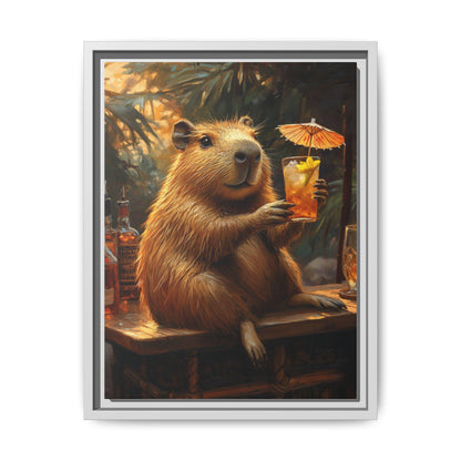 Capybara wall art framed canvas print in a white wood frame