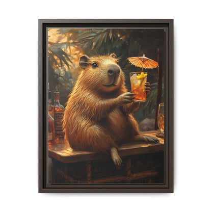 Capybara wall art framed canvas print in an espresso wood frame