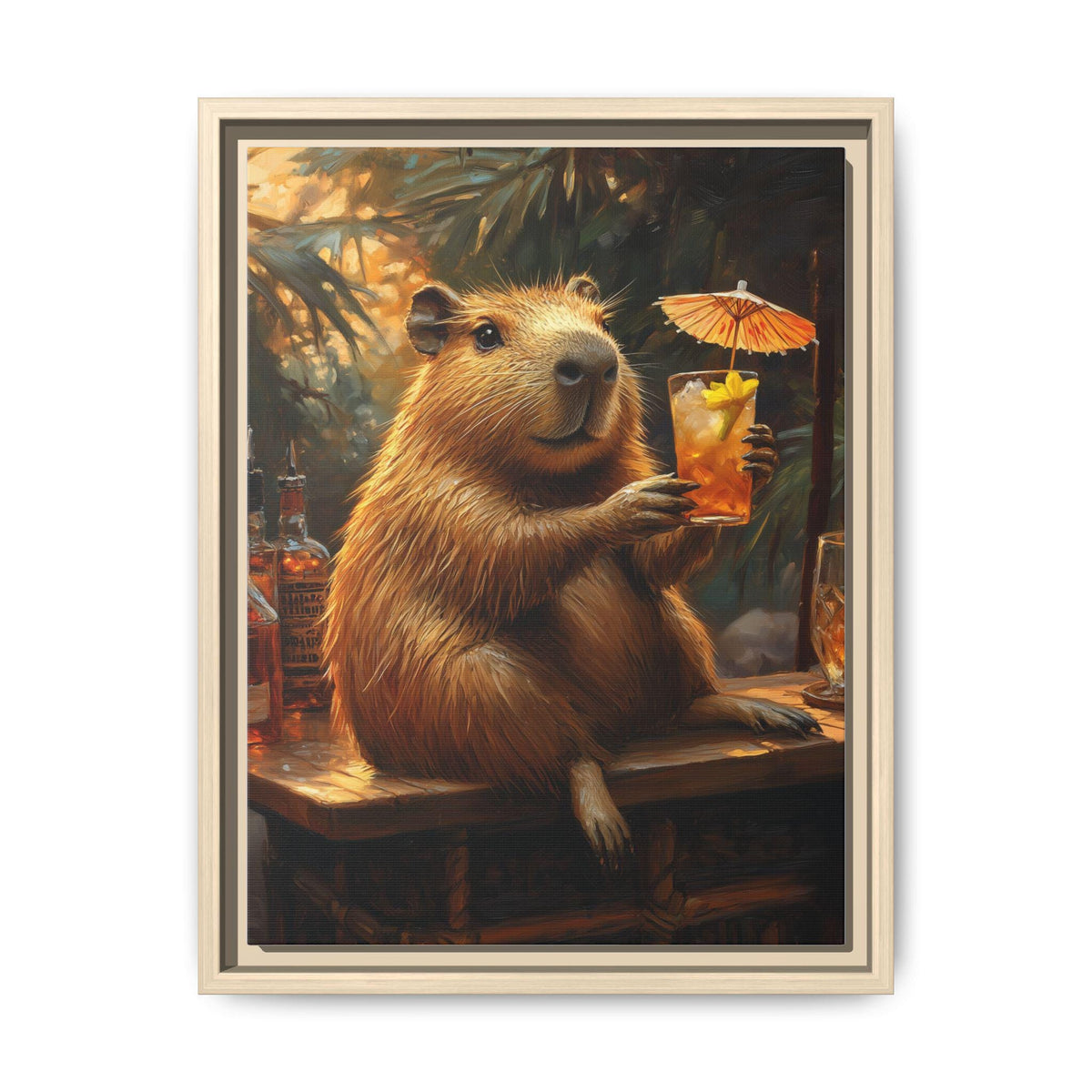 Capybara wall art framed canvas print in a natural wood frame