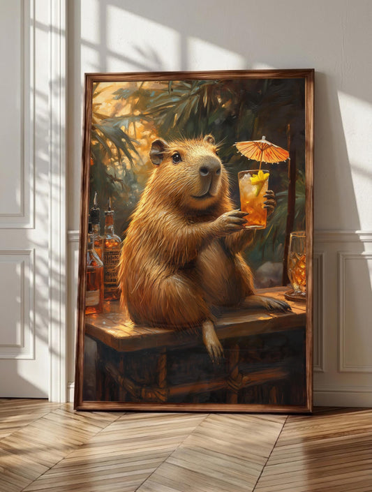 Capybara wall art: a capybara lounging at a tropical bar ledge with a tiki drink, framed canvas