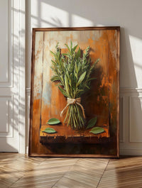 Kitchen herbs wall art: a twine-tied bundle of rosemary and sage, framed canvas print