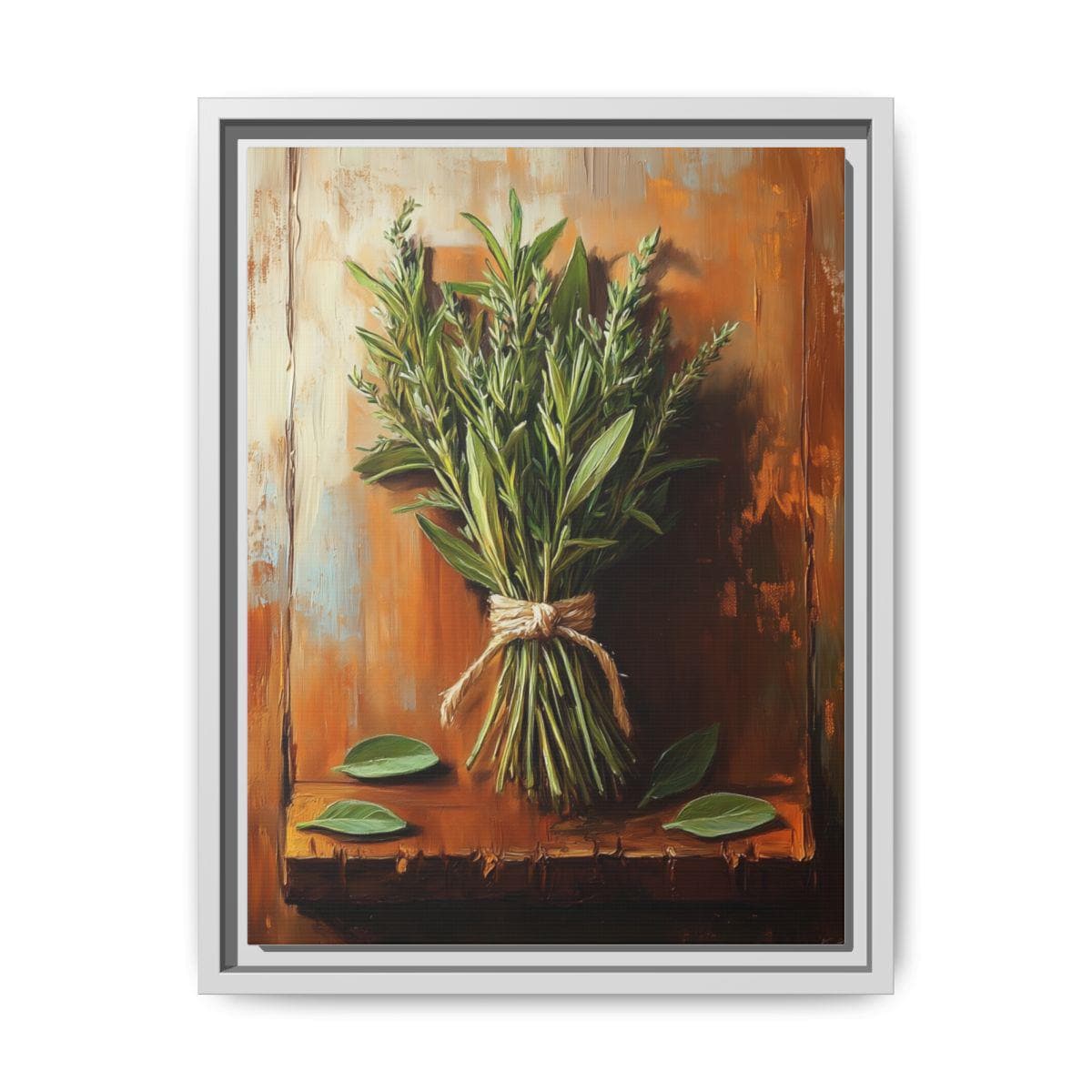 Kitchen Herbs wall art framed canvas print in a white wood frame
