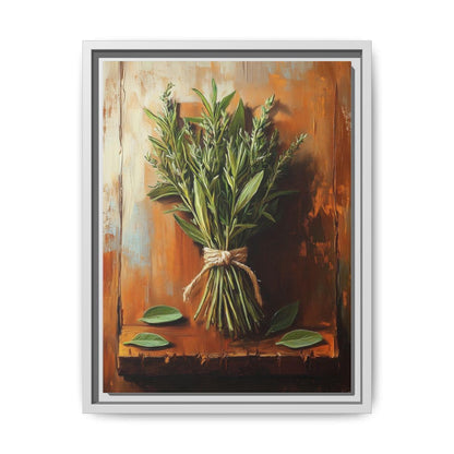 Kitchen Herbs wall art framed canvas print in a white wood frame