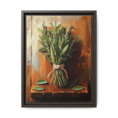 Kitchen Herbs wall art framed canvas print in an espresso wood frame