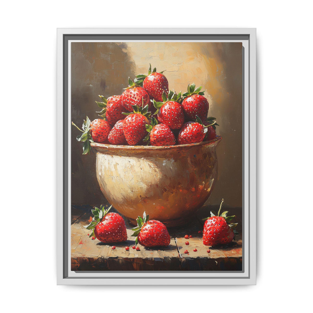 Strawberry wall art framed canvas print in a white wood frame