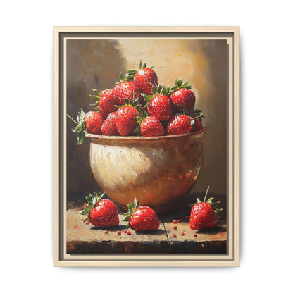 Strawberry wall art framed canvas print in a natural wood frame
