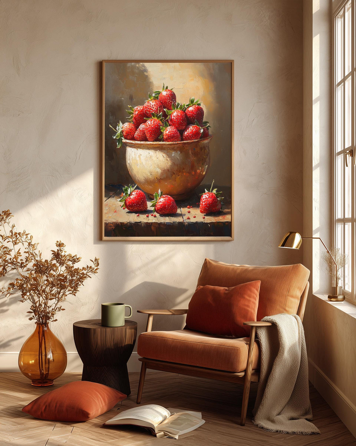 Strawberry framed canvas in a handmade solid wood frame, ready to hang