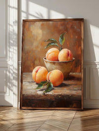 Peach wall art: ripe blush peaches gathered in a rustic ceramic bowl